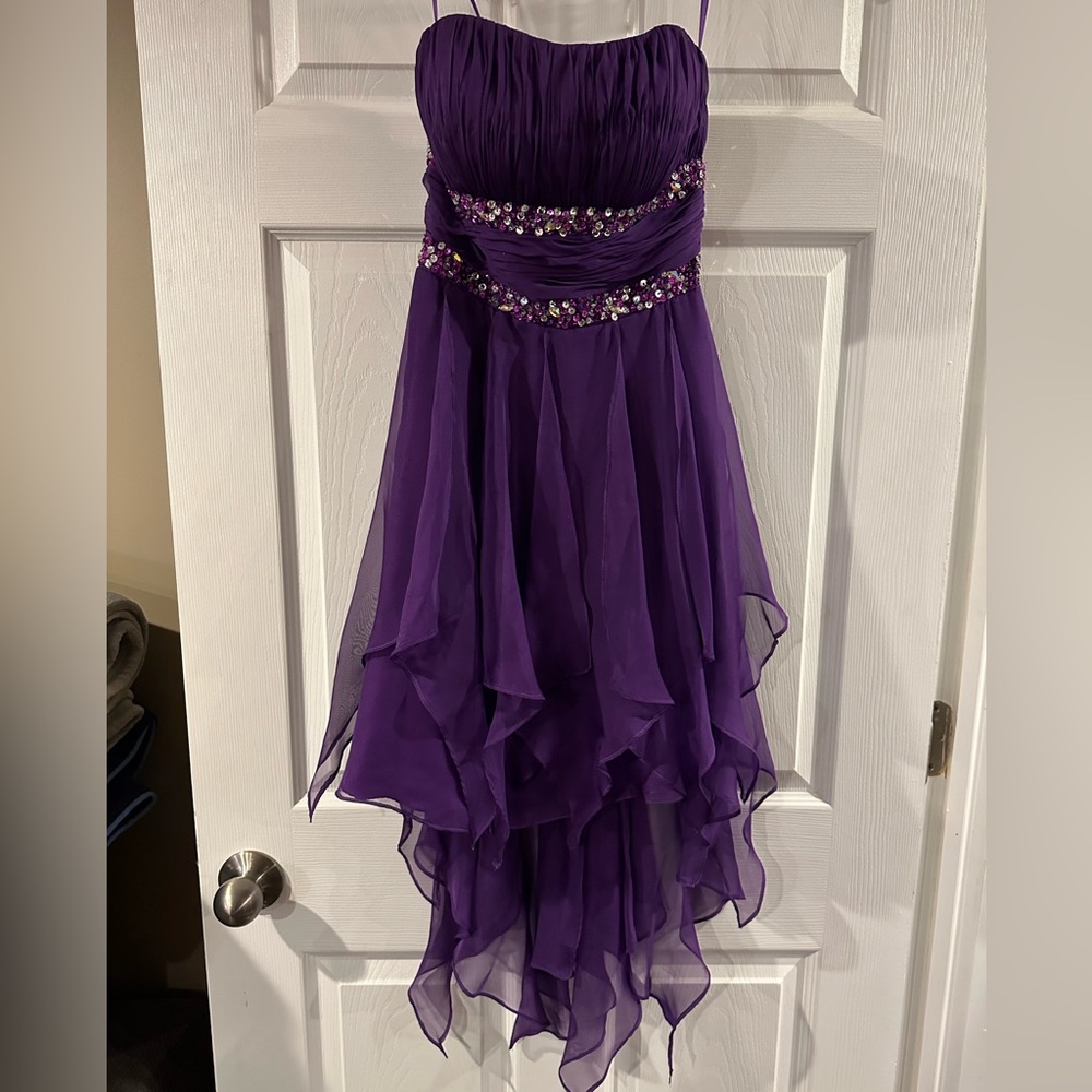 Grad and Prom Dress, high-low skirt, purple with jewelled details